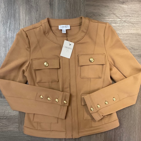 Carmen Marc Valvo Jacket Womens Camel Tan XS Petite Military Gold Button Front - Picture 1 of 6